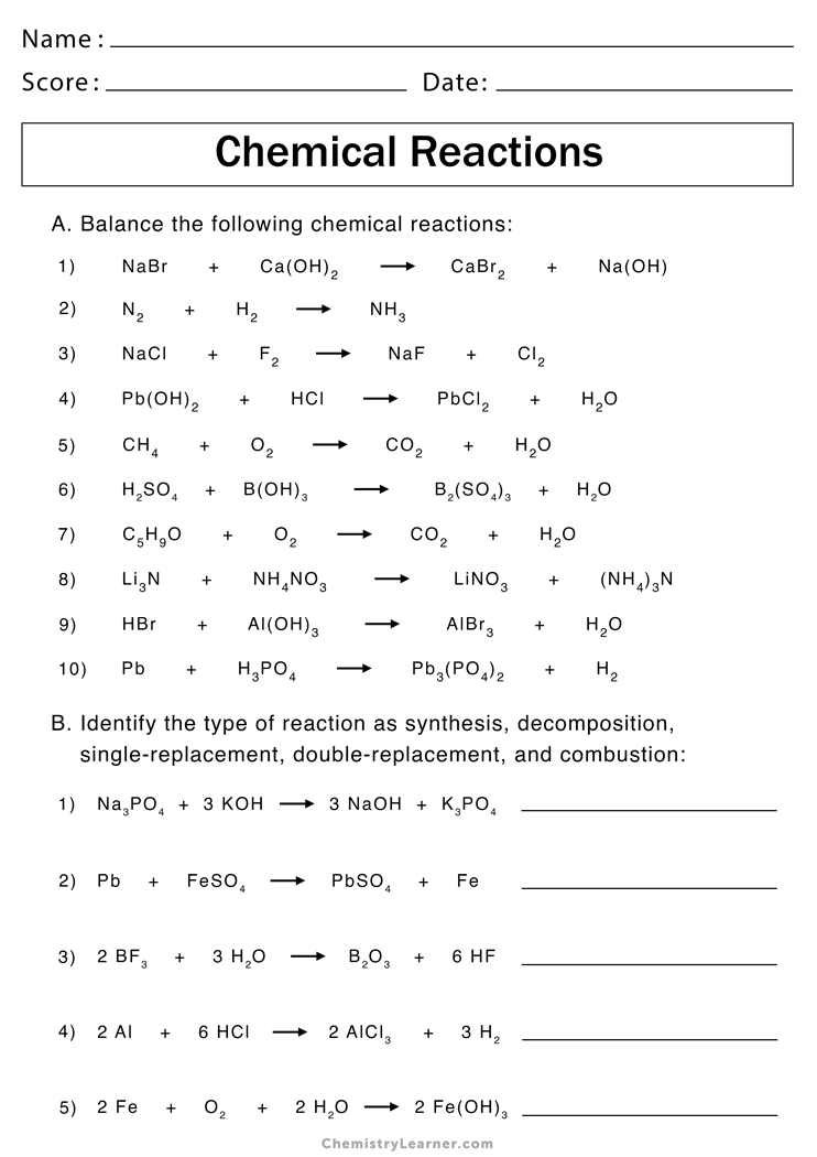 Types Of Chemical Reactions Worksheets Free Printable