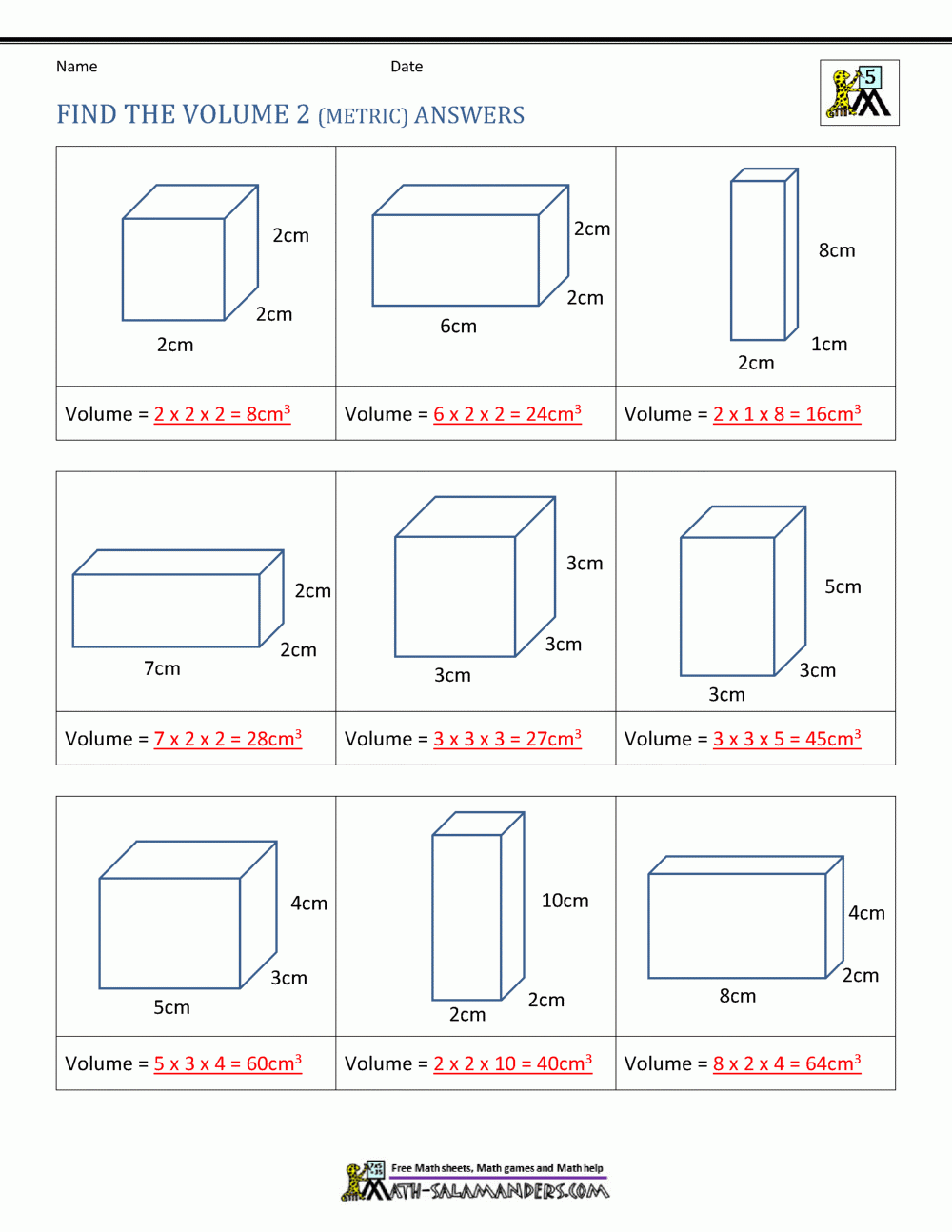 Volume 5th Grade Math Worksheets
