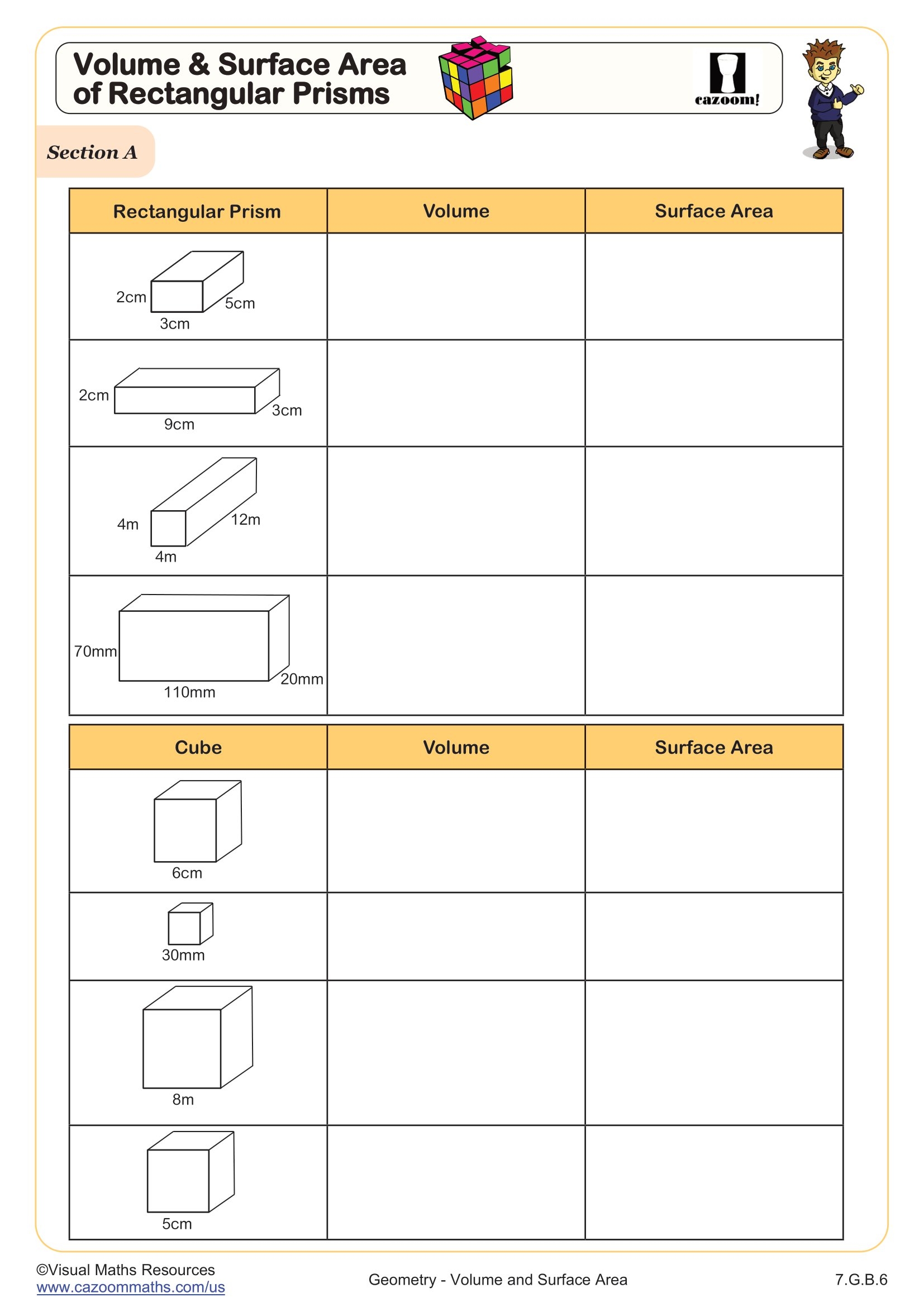 Volume And Surface Area Of Rectangular Prisms Worksheet 7th