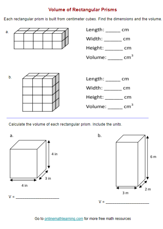 Volume Of Rectangular Prism Worksheets answers Printable Online
