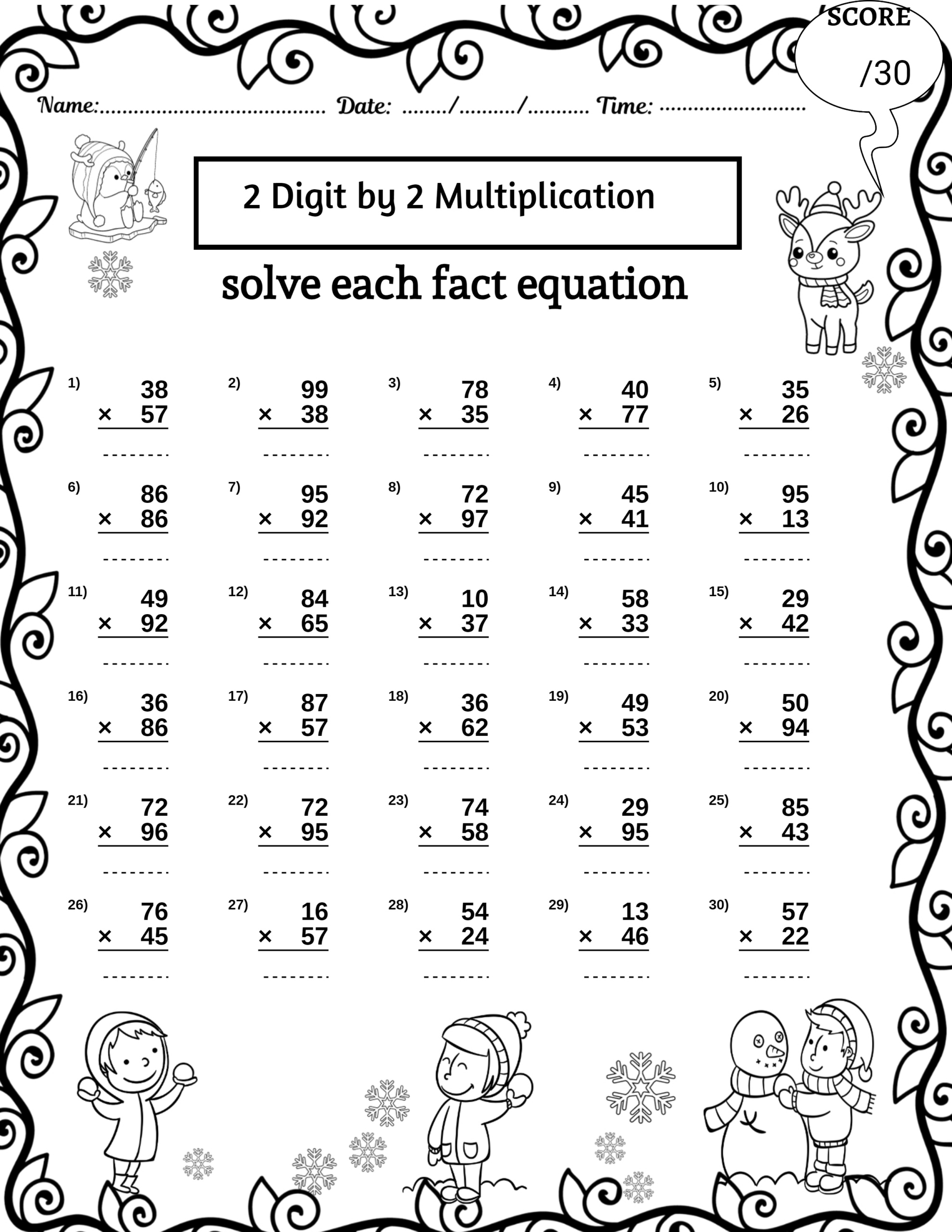 Winter 2 Digit By 2 Digit Multiplication Worksheets Missing Numbers 