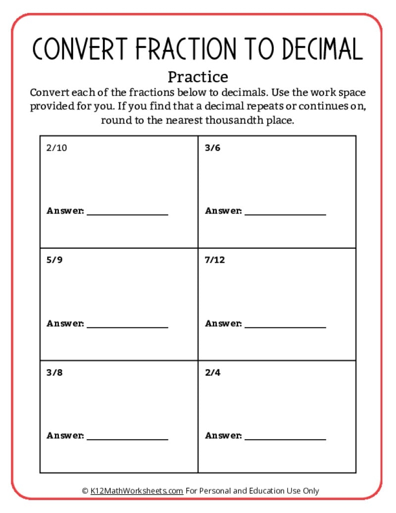 Worksheets Converting Fractions To Decimals