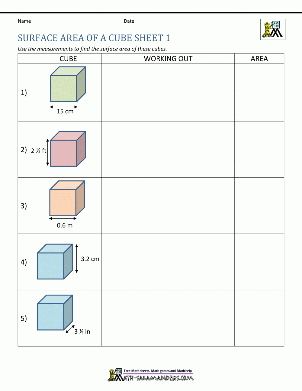 Worksheets Surface Area
