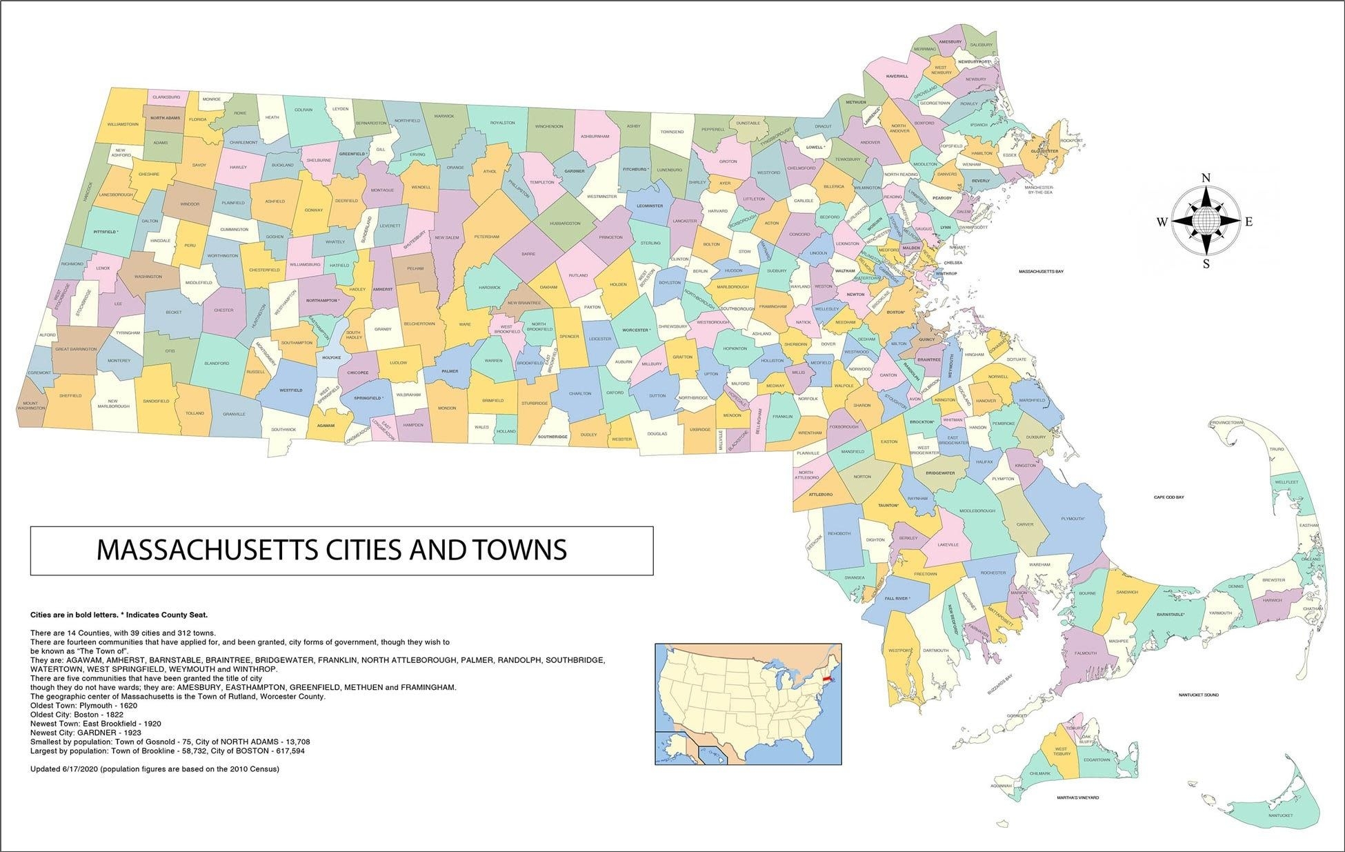 36x24in Poster Map Of Massachusetts Cities Towns And County Seats 