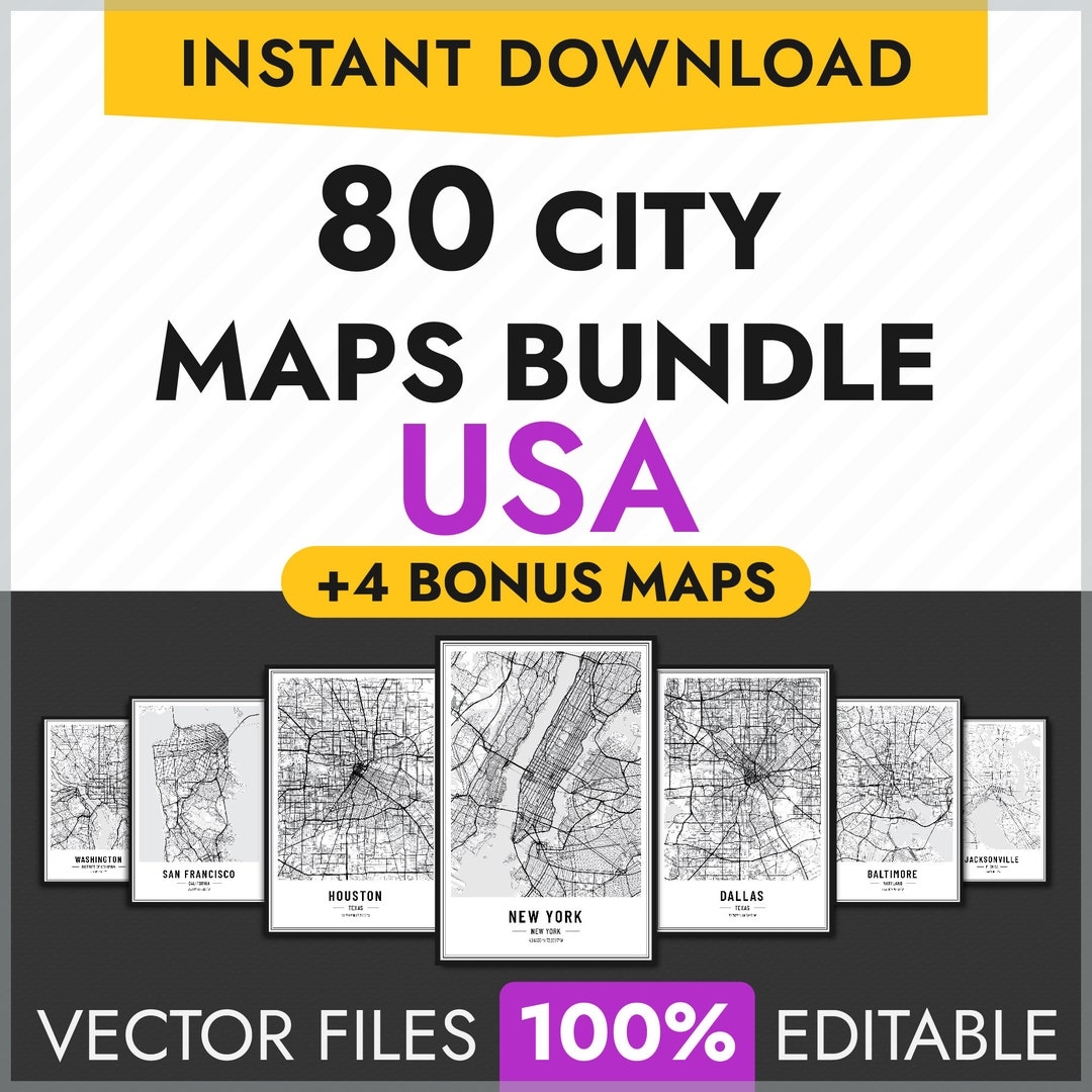 80 USA City Maps Bundle Editable Vector City Maps Custom Printable
