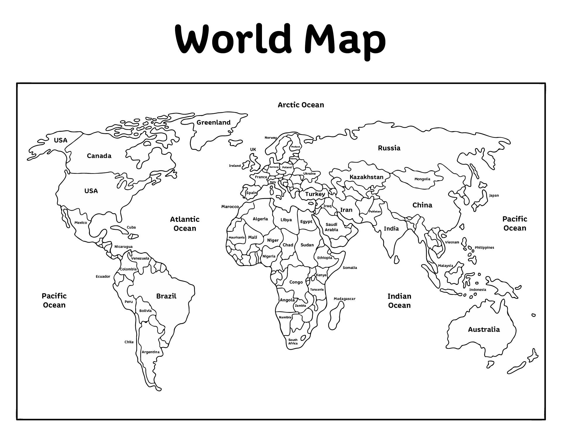 Black And White World Map Labeled Countries World Map Printable 