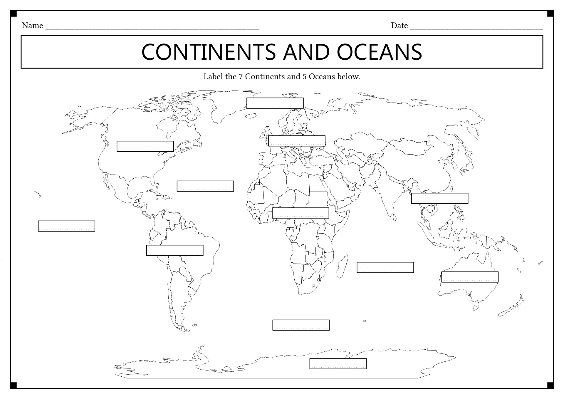 Continents And Oceans Blank Map Printable