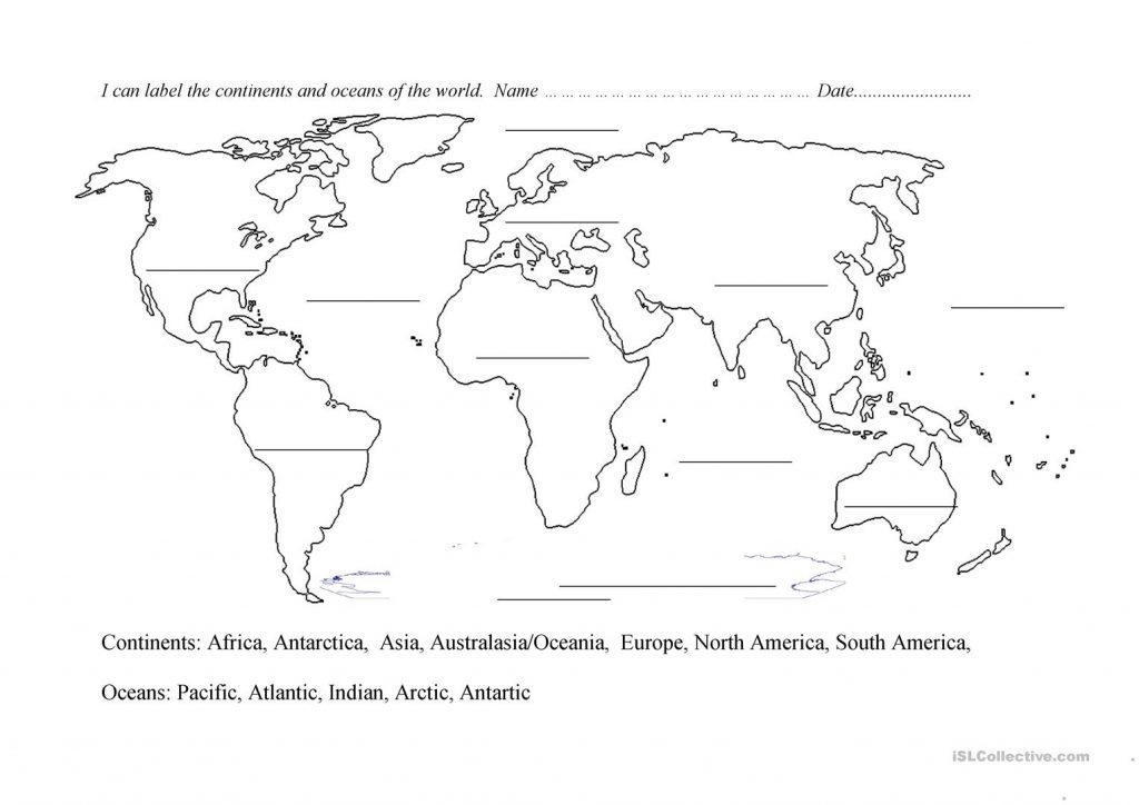 Continents And Oceans Blank Map Worksheet Free Esl Printable