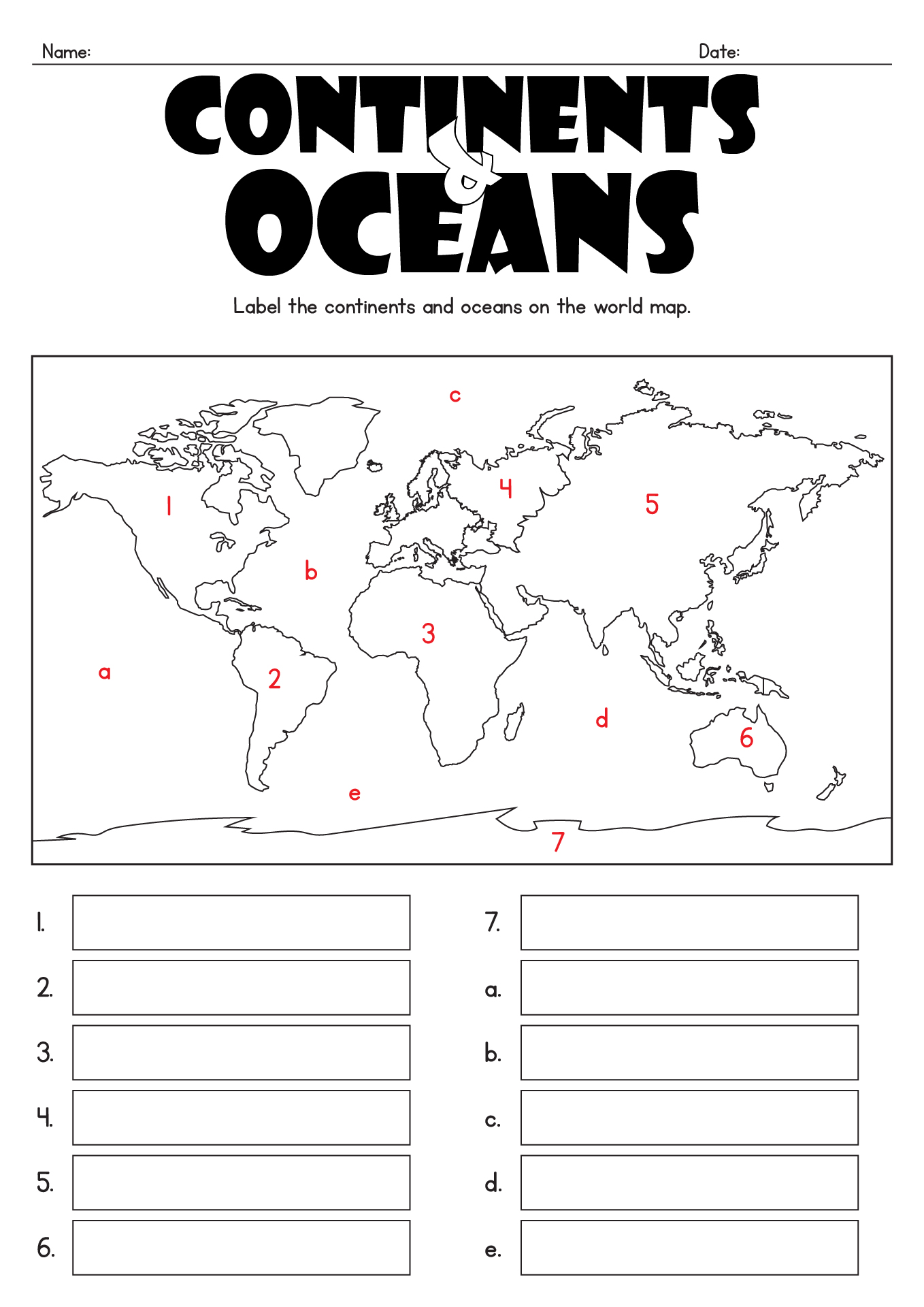 Continents And Oceans Map Quiz Printable