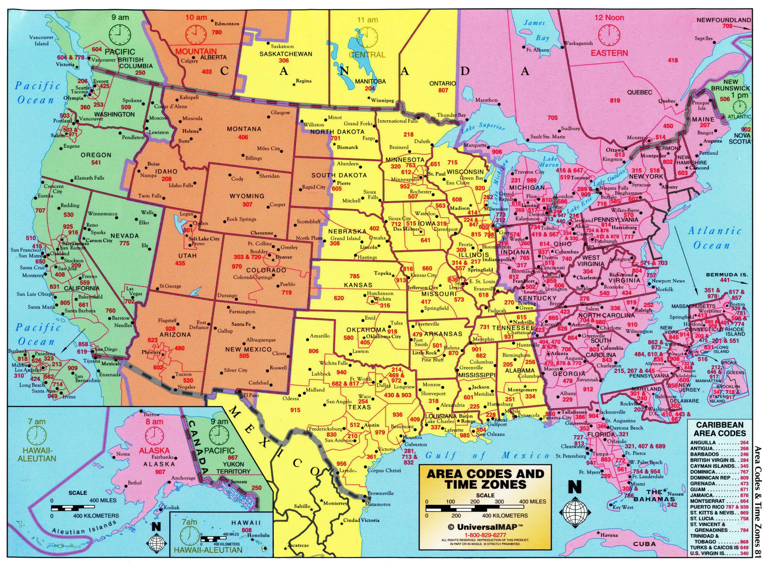 Large Detailed Map Of Area Codes And Time Zones Of The Usa The For 