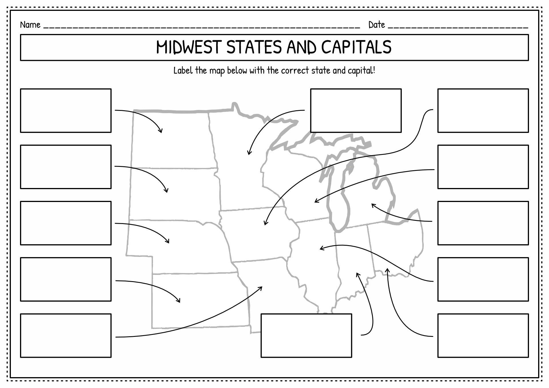 Midwest States And Capitals Map Printable