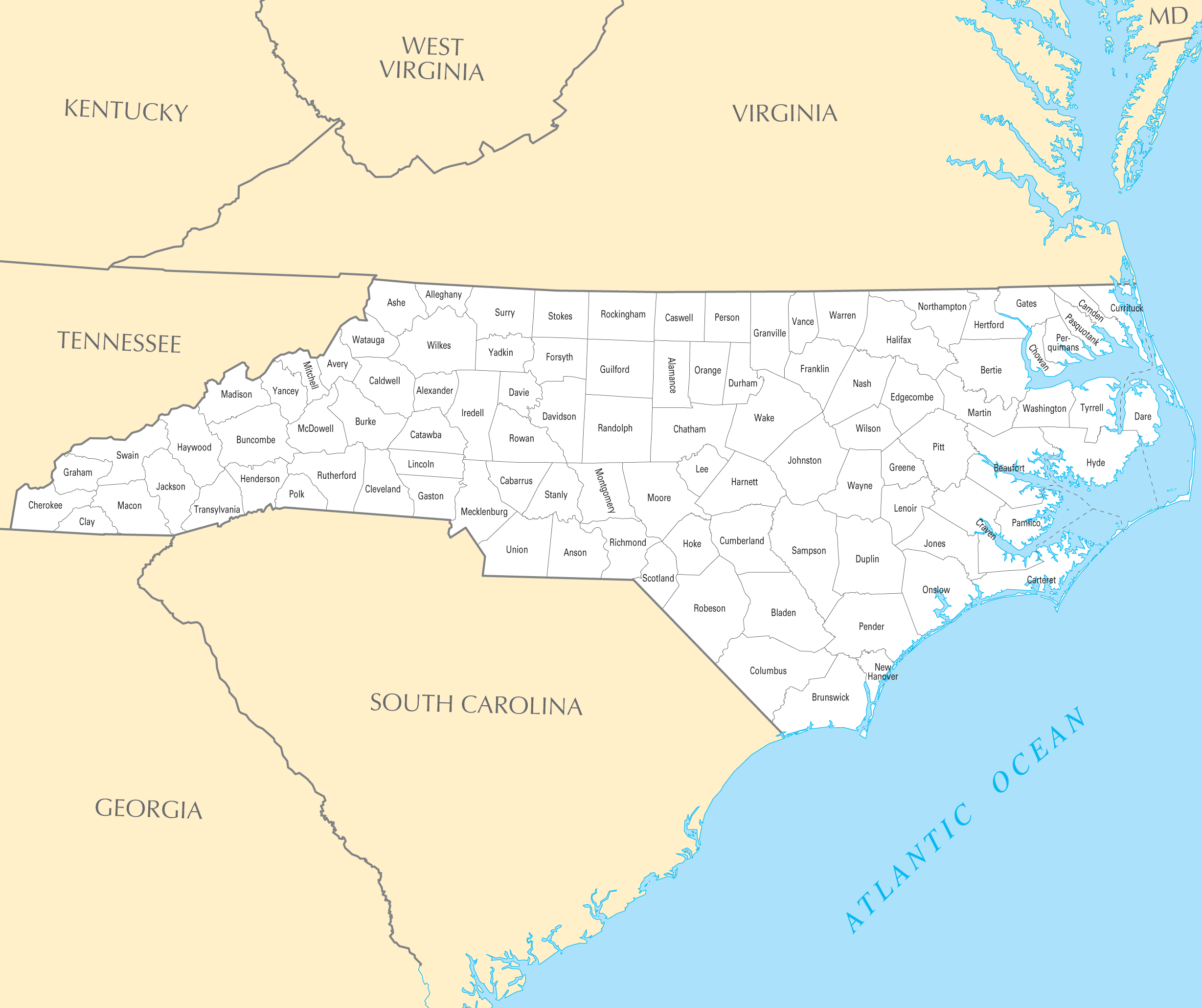 North Carolina Counties Map Printable