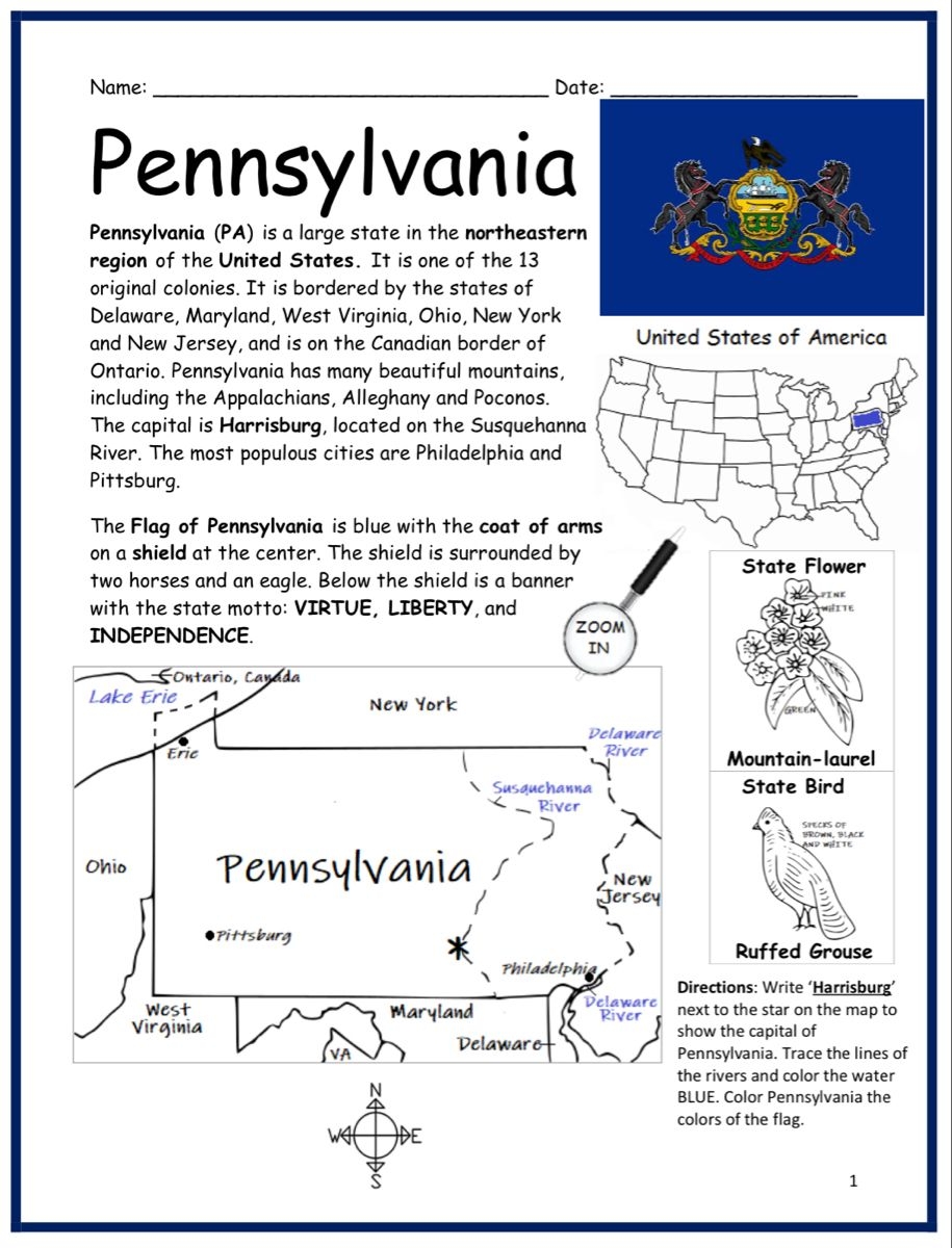 PENNSYLVANIA Printable Geography Worksheet Maps For Kids State
