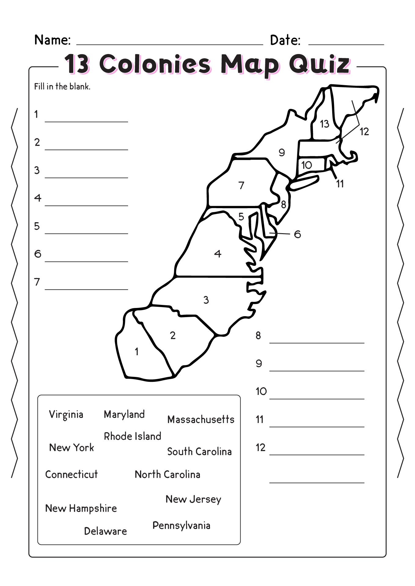 Printable 13 Colonies Map Quiz