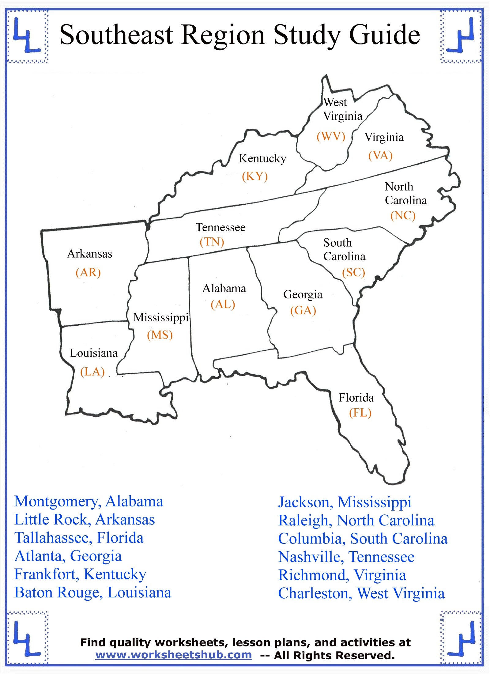 Printable Southeast States And Capitals Map