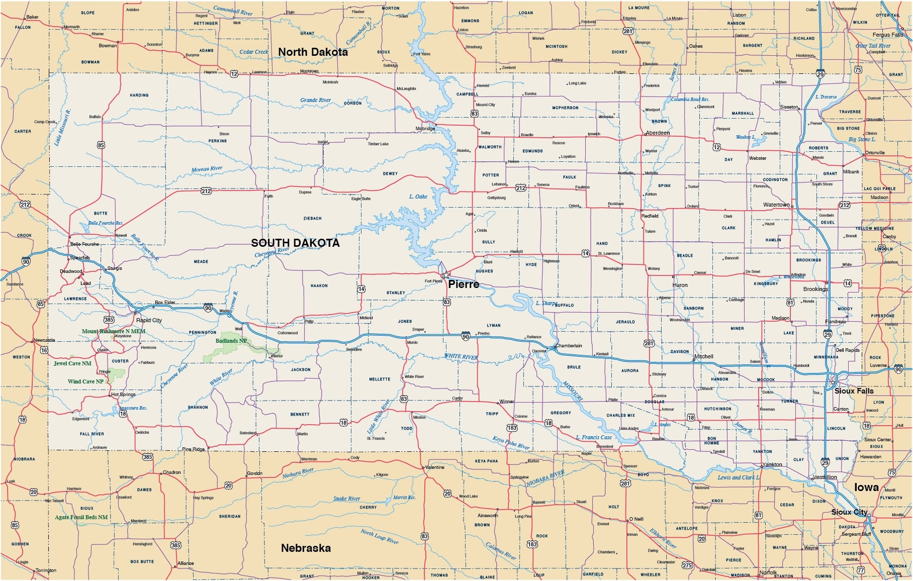 South Dakota Printable Map