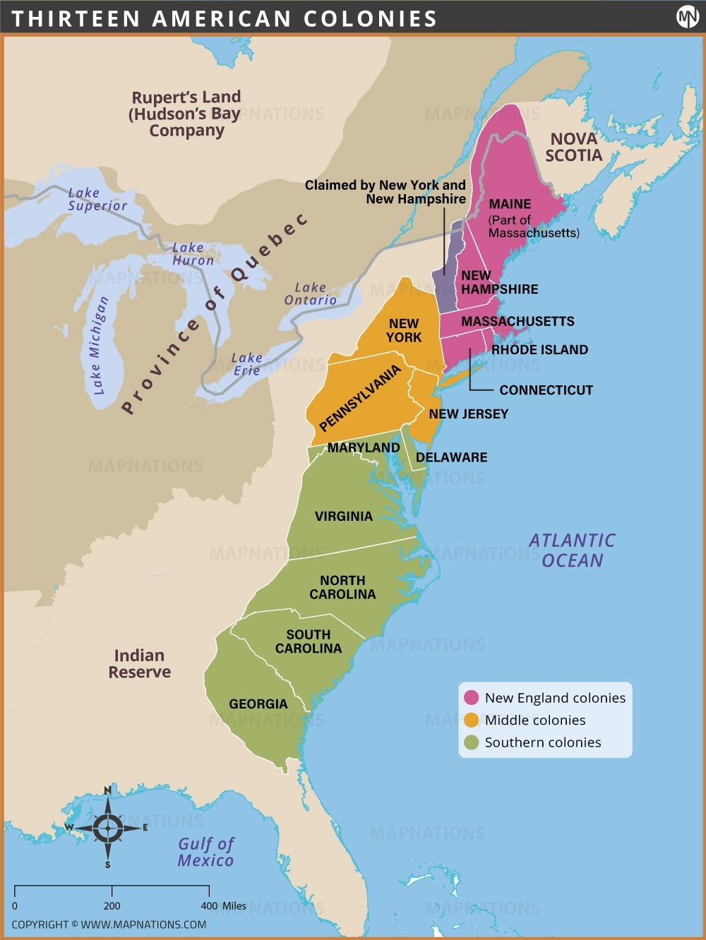 Thirteen American Colonies Map New England Middle And Southern Colonies