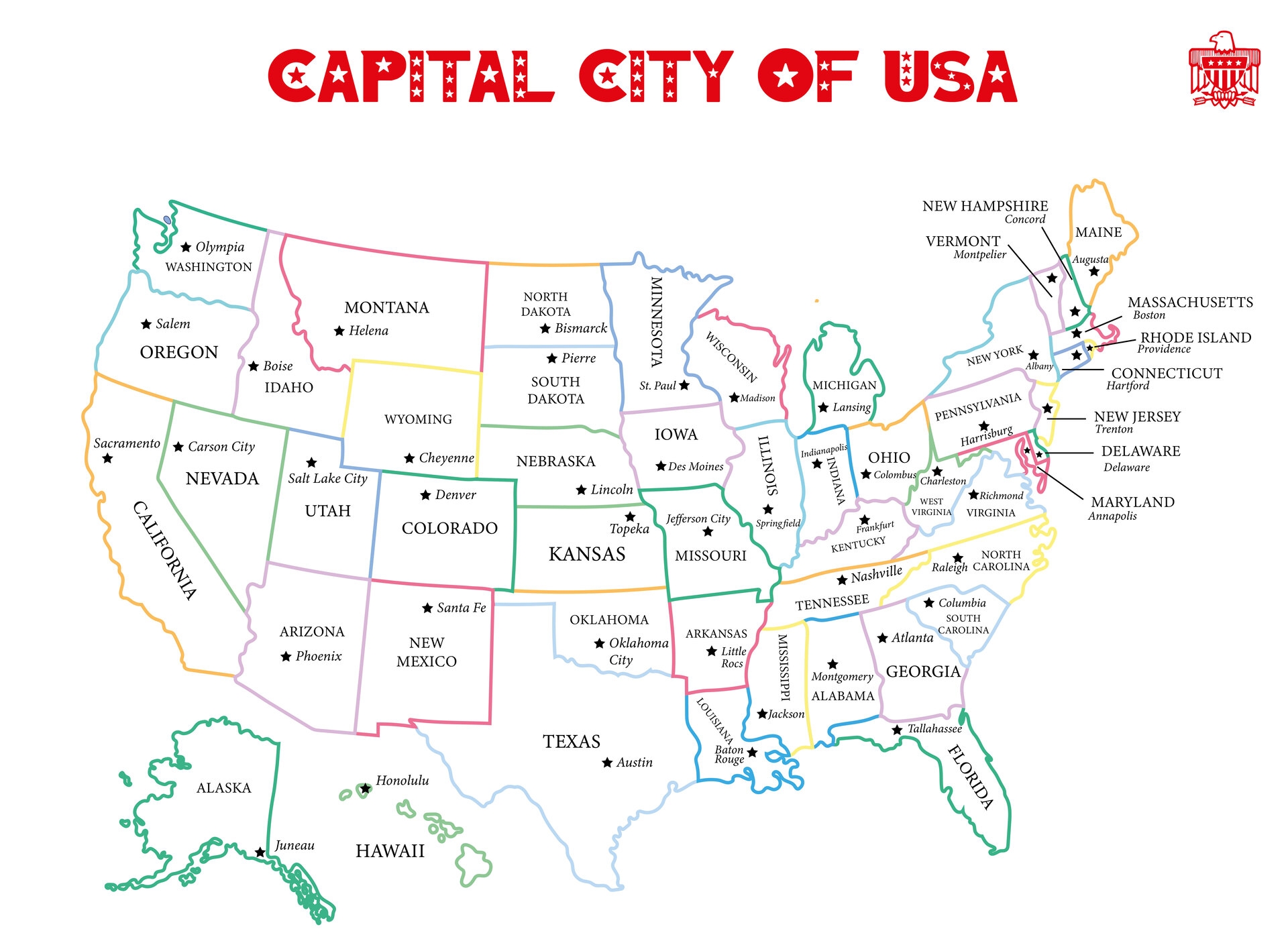 United States Map With Capitals Printable