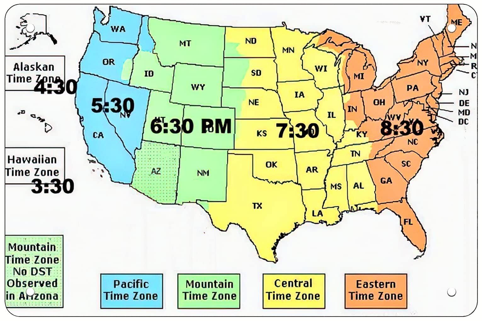 Vintage US Time Zone Map Wall Decor