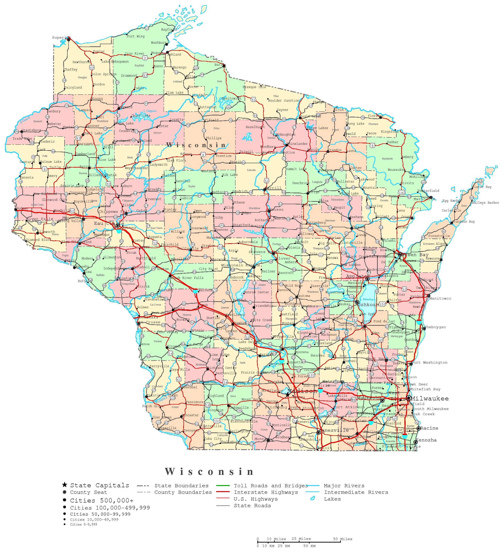Wisconsin County Map Printable Premium Style Wall Map Of Wisconsin By