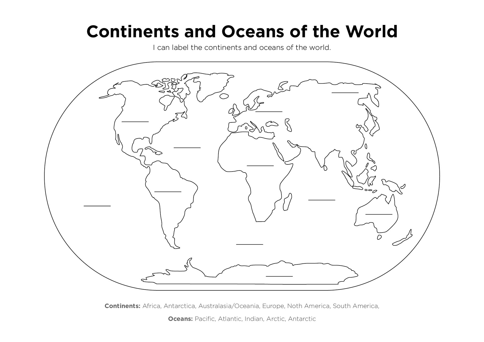 World Map Continents And Oceans Printable