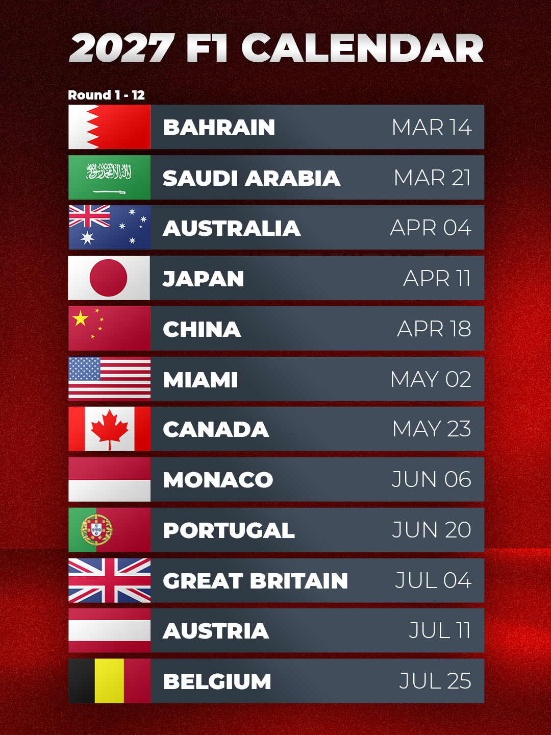 2027 F1 Calendar Confirmed 2027 F1 Calendar Confirmed