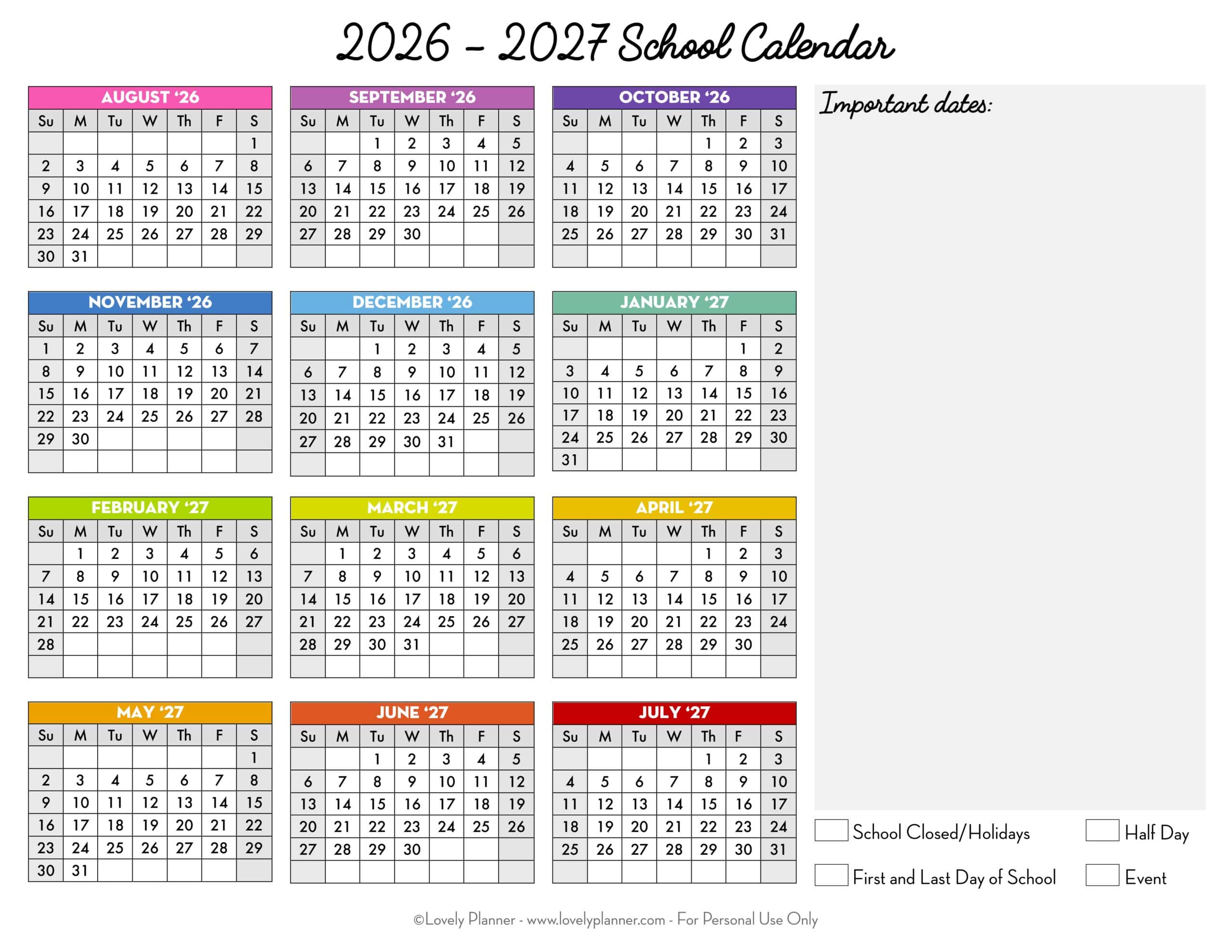 Free Printable School Calendar One Page