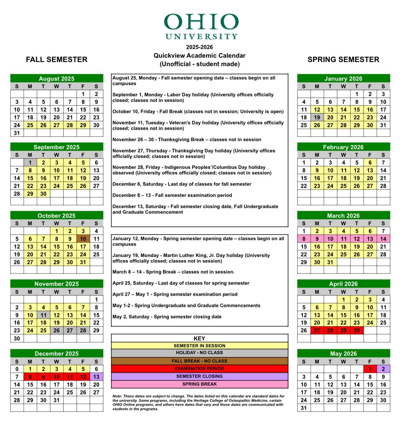 Ohio University Quickview Academic Calendar